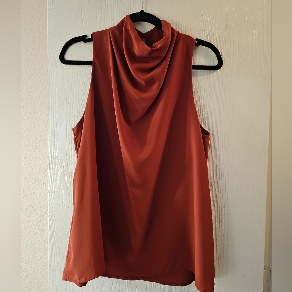 Entro Rust Sleeveless Blouse with Draped Neck – Size S